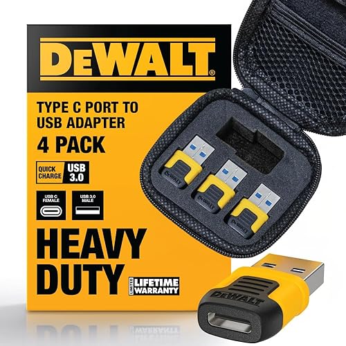 DEWALT Heavy Duty USB-C Female to USB-A Male Adapter 4 Pack w/Case - Fast Charging 3.0 Converter 5Gbps Data Transfer, Compact Durable USB to USB-C…