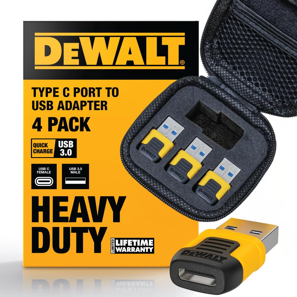 DEWALT Heavy Duty USB-C Female to USB-A Male Adapter 4 Pack w/Case - Fast Charging 3.0 Converter 5Gbps Data Transfer, Compact Durable USB to USB-C…