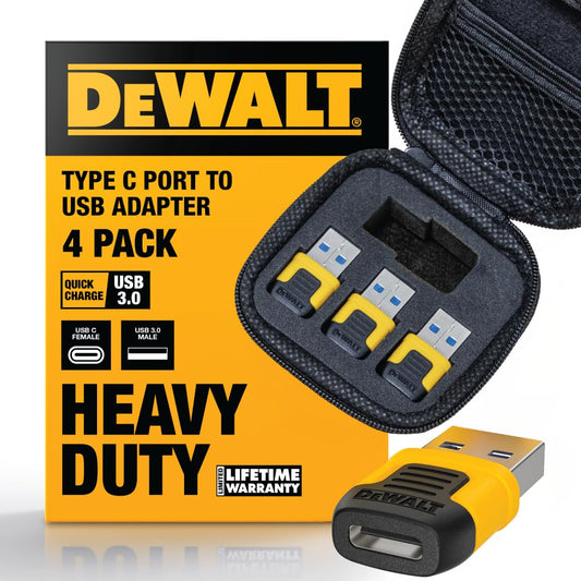 DEWALT Heavy Duty USB-C Female to USB-A Male Adapter 4 Pack w/Case - Fast Charging 3.0 Converter 5Gbps Data Transfer, Compact Durable USB to USB-C…