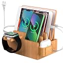 Pezin & Hulin Bamboo Charging Station for Multiple Devices with 5 Port USB Charger, 5 Cables, Watch&Earbuds Stand, Electronic Device Desktop Organizer