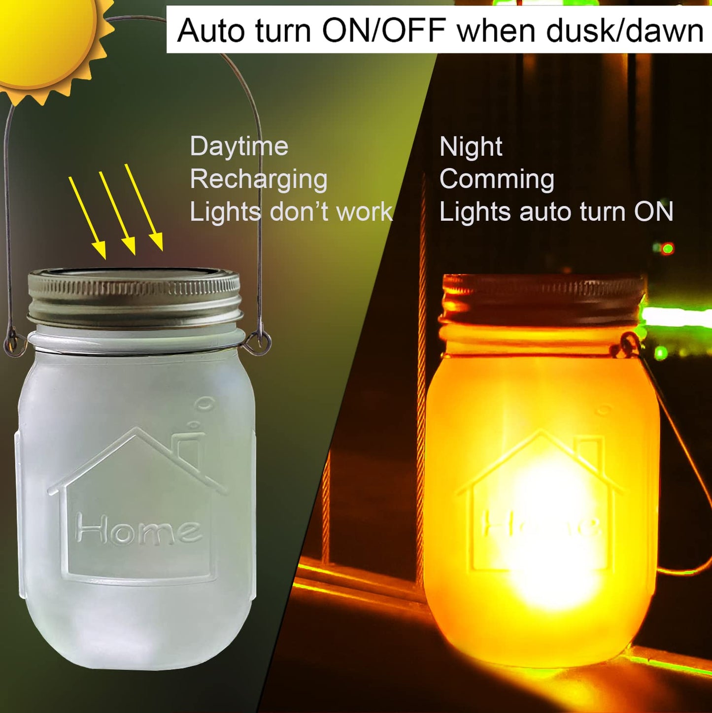 Solar Mason Jar Flicker Lights Upgraded, 4 Pack Flickering Torches Lights Outdoor Hanging Lanterns Landscape Decoration Lighting Dusk to Dawn Auto