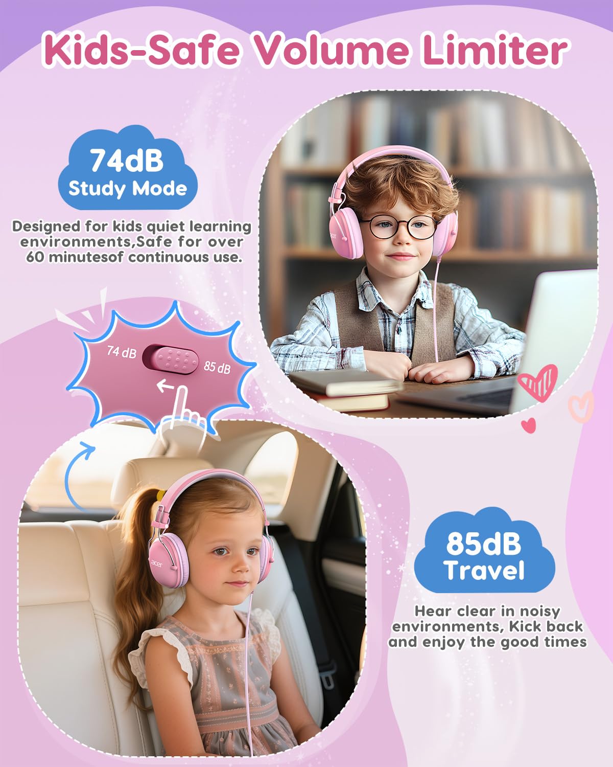 Acer Kids Headphones Wired for School, 74-85dB Limiter, Pink OHW342