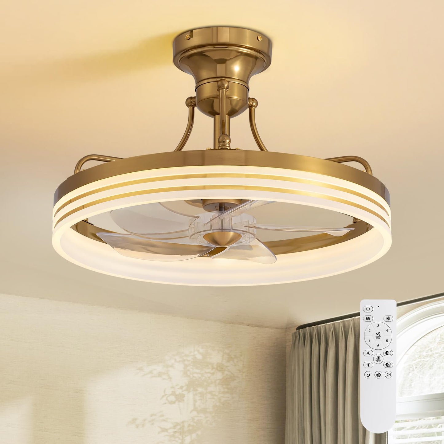 MOOONICHE 20inch Ceiling Fan with Light Gold Flush Mount Fandelier with Remote Control Modern LED Ceiling Fan 6 Wind Speeds Fandelier for Bedroom