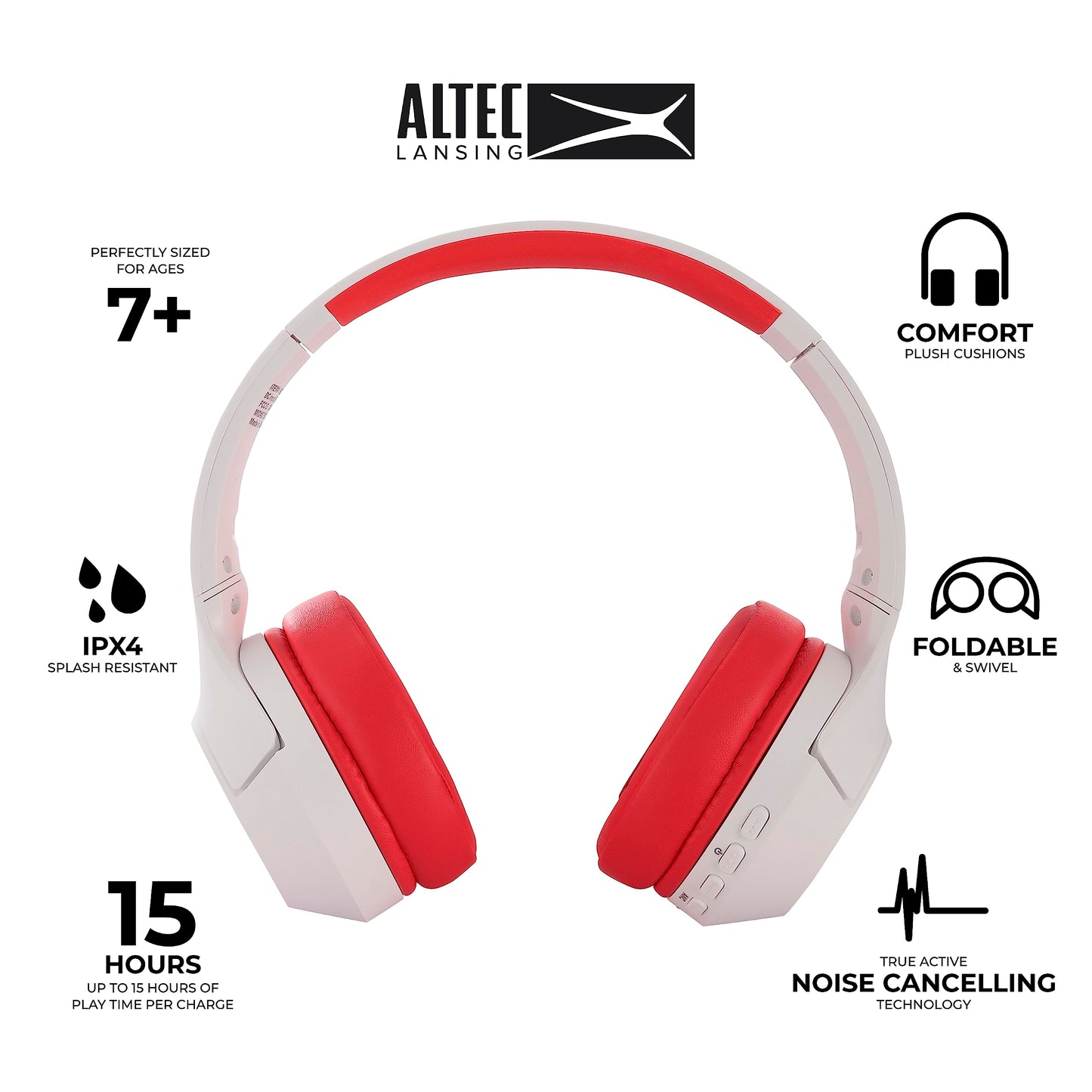 Altec Lansing Kid Safe Noise Cancelling Wireless Headphones 15H Battery, 85dB Volume Limit, Foldable Design Powerful Sound, Active Noise Cancellation