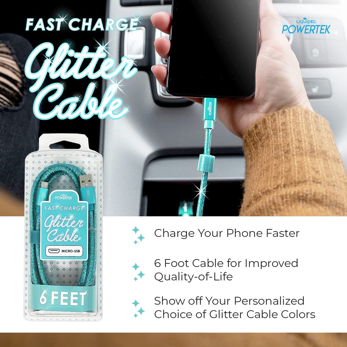 Liquipel Powertek Micro USB Charger Cable for Cell Phones & Electronic Devices, 6FT (Mint)