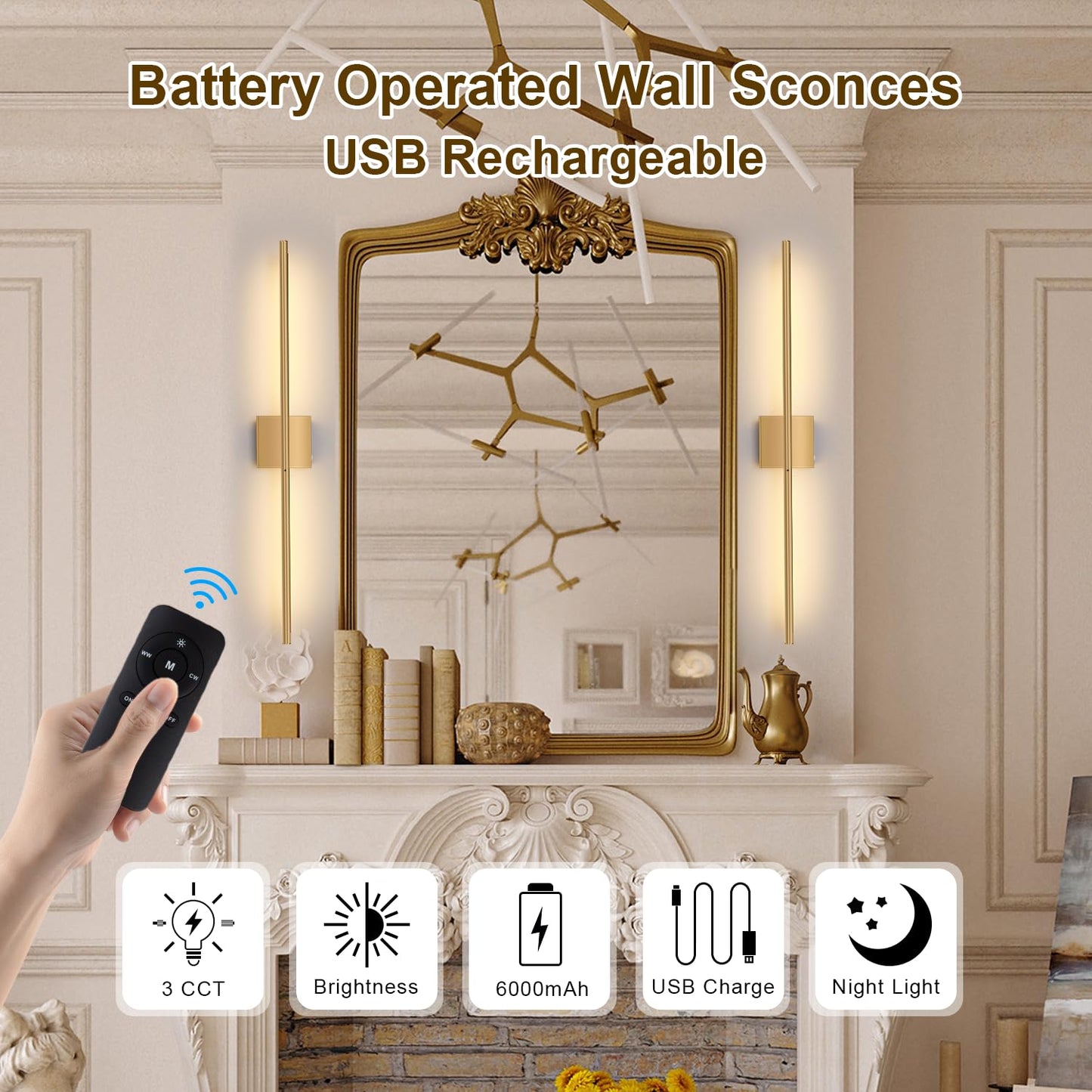 Battery Operated Wall Sconces Set of 2, USB Rechargeable Wall Lights with Remote Control, 360° Rotation, 6000mAh, Dimmable Touch Wireless Wall Sconce