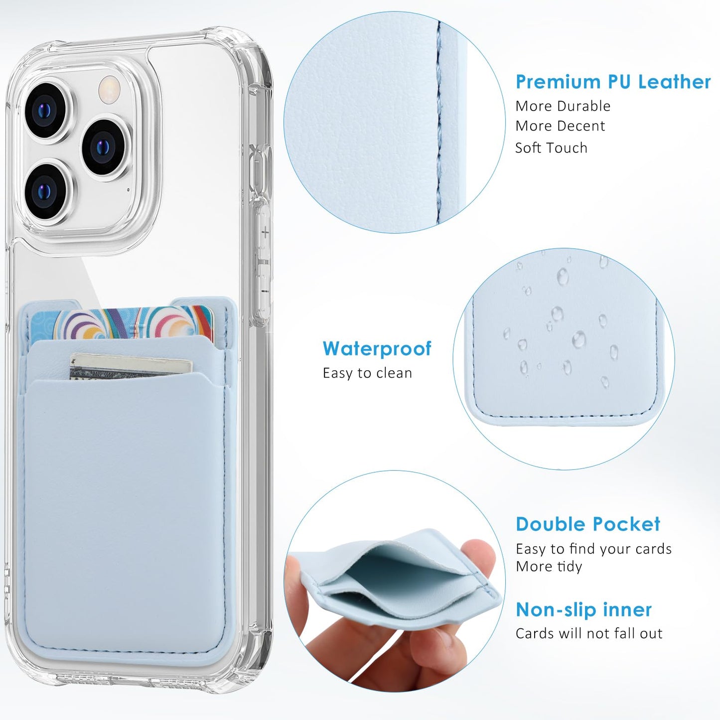 Fulgamo Phone Wallet Stick on,3Pack Phone Card Holder for Phone Case, Leather Credit Card Sticky Wallet Double Pocket Sticker Back of iPhone, Android