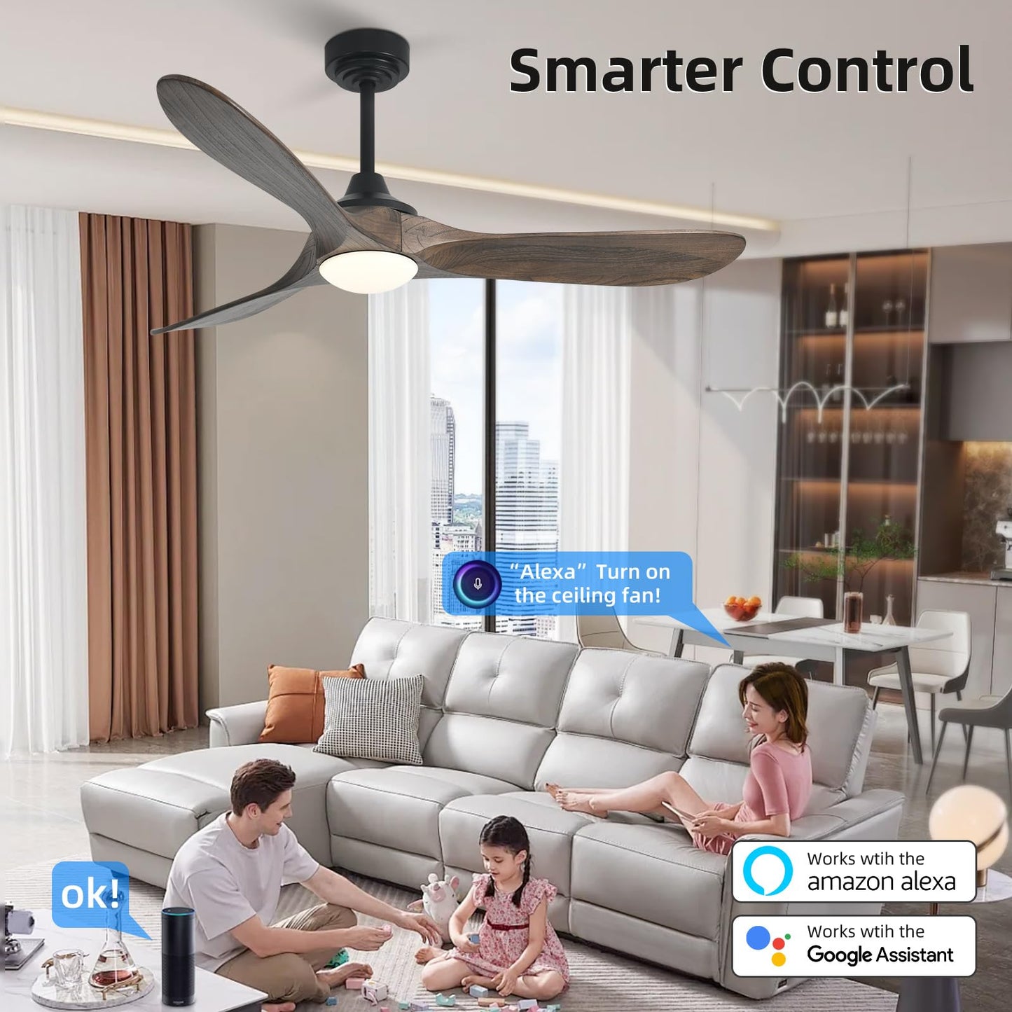 Homlit 52” Outdoor Ceiling Fan with Light, Compatible with Alexa/Google, 3 Walnut Solid Wood Blade, Noiseless Reversible Dc Motor, Smart Outdoor Wood