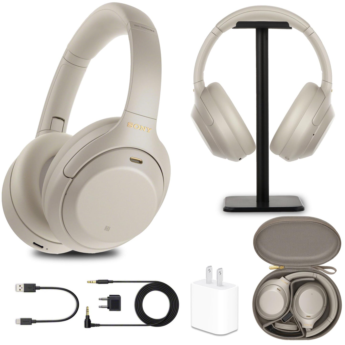 Sony WH-1000XM4 Wireless Noise-Canceling Over-Ear Headphones (Silver) with Mic for Phone-Call and Voice Control (WH1000XM4/S) + Headphone Stand + USB…