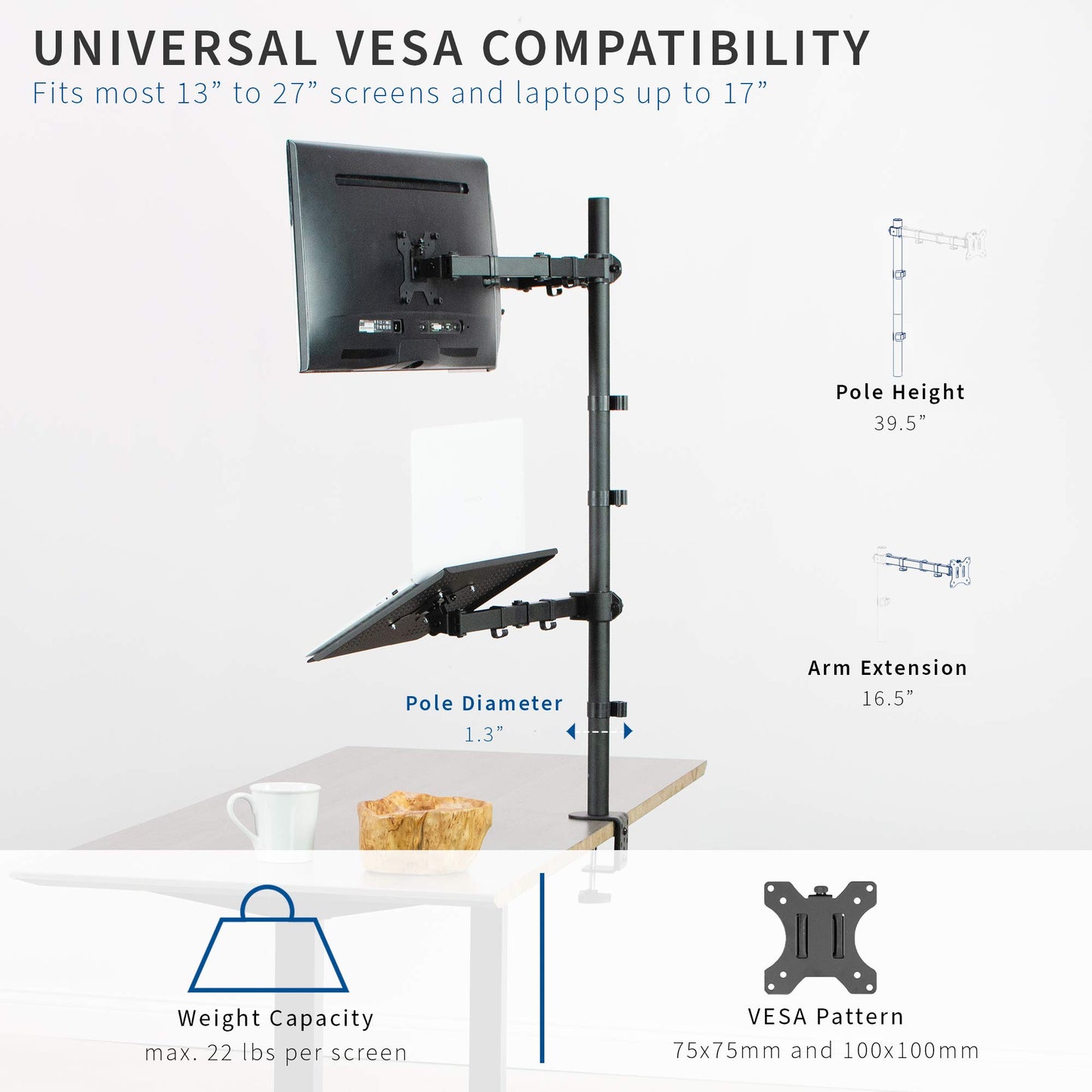 VIVO Laptop and Dual 13 to 27 inch LCD Monitor Stand up Desk Mount, Extra Tall Adjustable Stand, Fits Laptops up to 17 inches, Black, STAND-V012L