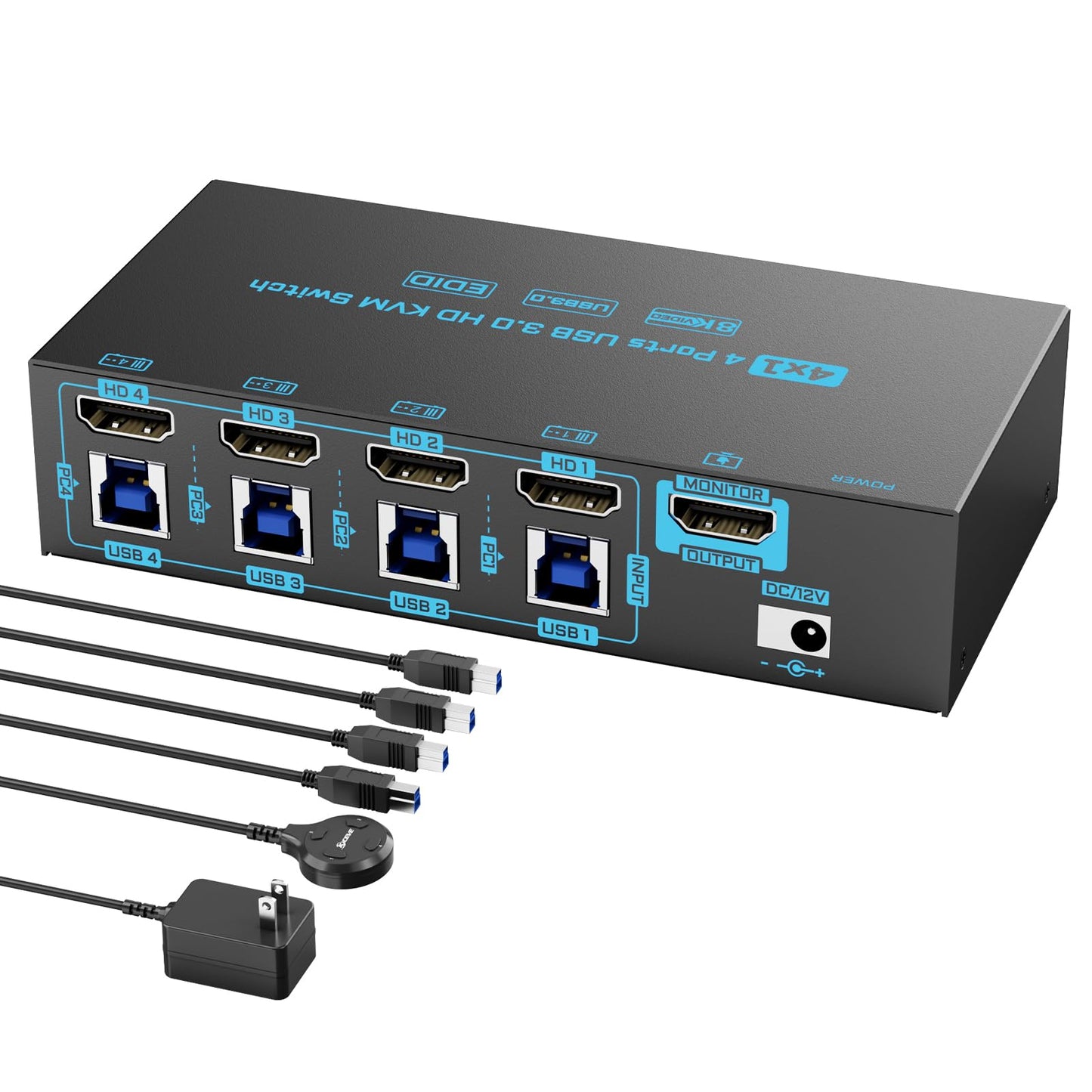 8K HDMI 2.1 KVM Switch 4 Computers 4 Port USB 3.0 8K@60Hz/4K@144Hz 4 In 1 Out Keyboard Mouse KVM Switches EDID Emulator for 4 PCs Share 1 Monitor