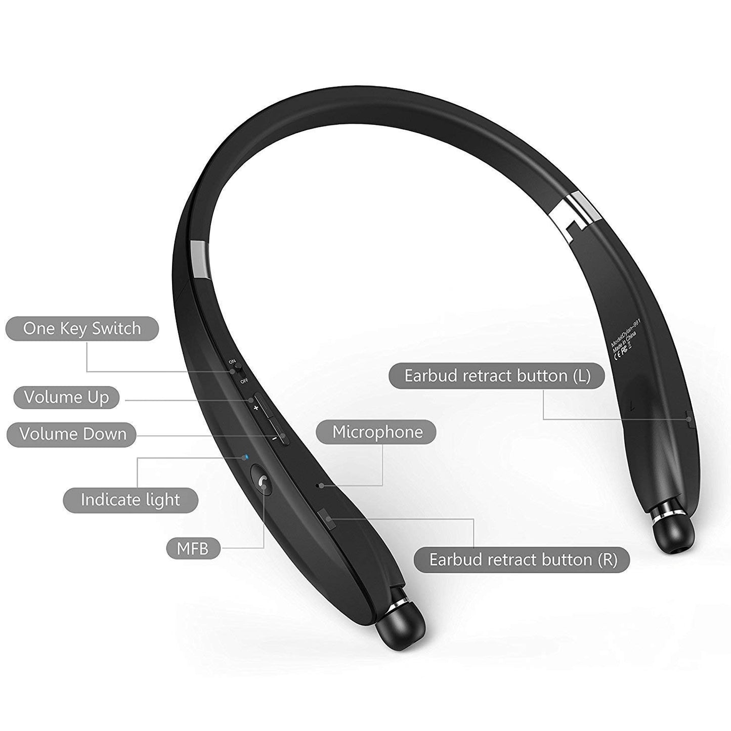 Bluetooth Headset Bluetooth 4.1 Wireless Headphone Neckband with Retractable Earbuds for iPhone, Samsung Galaxy, Android and Other Bluetooth-Enabled