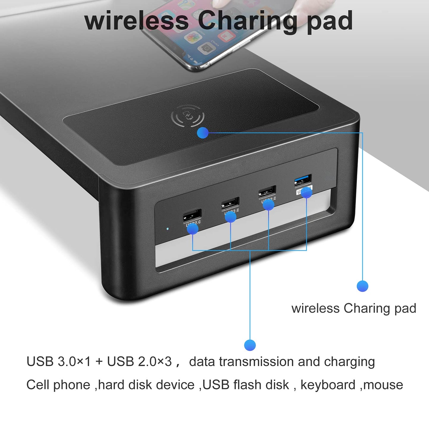 EAXBUX Dual Monitor Stand with Wireless Charging and 4 USB 3.0 Ports, Steel Monitor Stands for 2 Monitors, Metal Computer Stand Riser for Desk