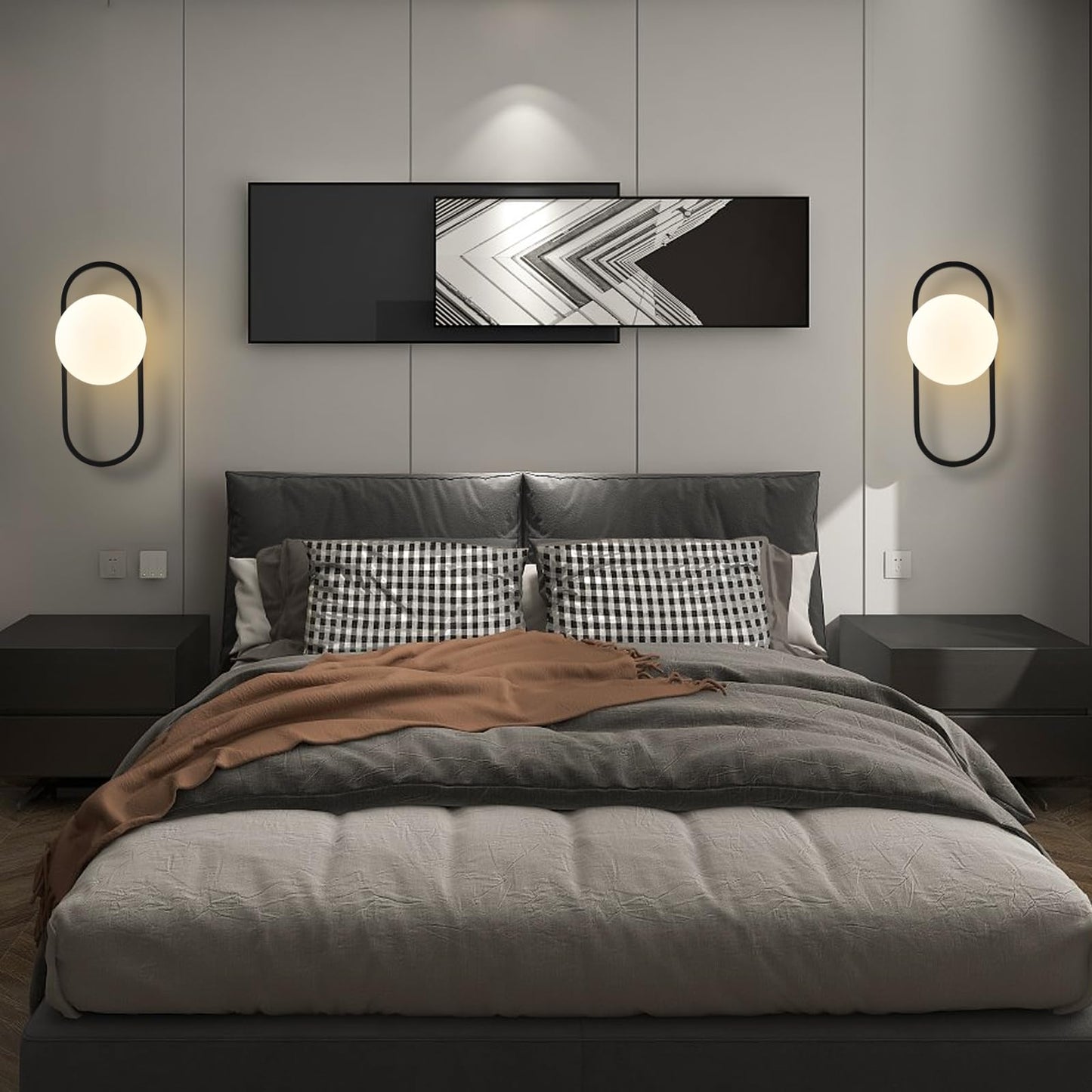 SeeU Vintage Black Wall Sconces Set of Two Globe Wall Lamp with Milky Glass Shades Modern Wall Light Fixtures for Living Room, Bedroom, Stairs