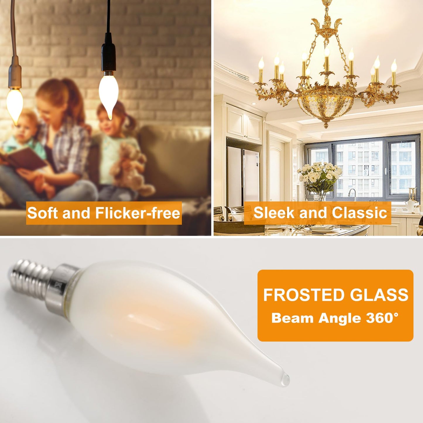 Decoaui E12 C11 LED Candelabra Light Bulbs, 4W (40W Equivalent), Dimmable, Frosted Glass, 2700K Soft White, 450 Lumens, Candle-Shaped, Ideal