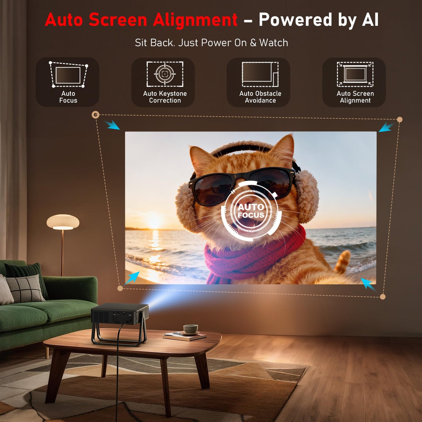 [Ultra-Slim 1.97"| Auto Focus | Built-in Apps | 360° Stand] Smart Mini Projector with WiFi and Bluetooth, Compatible with Netflix, Youtube, Prime
