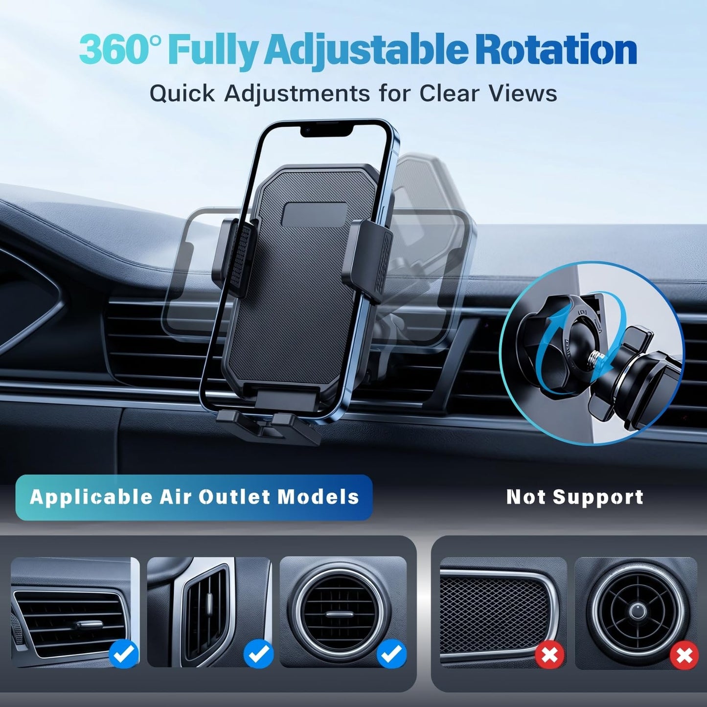 YUHENG Air Vent Car Phone Holder, No Adhesive Vent Clip Mount with Secure Grip & 360° Rotation, Soft Rubber Protection, Compact Hands-Free Phone