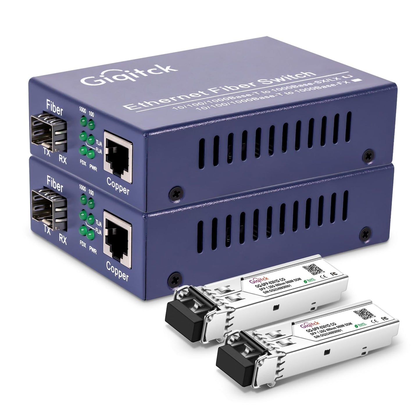 Gigabit Ethernet Media Converter, 10/100/1000Mbps Networks Ethernet to Fiber Media Converter, with 2pcs 1000Base-SX SFP Module (1.25Gb/s, Multimode