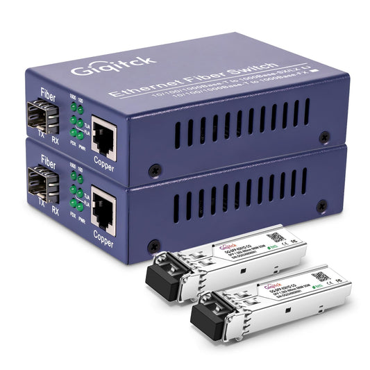 Gigabit Ethernet Media Converter, 10/100/1000Mbps Networks Ethernet to Fiber Media Converter, with 2pcs 1000Base-SX SFP Module (1.25Gb/s, Multimode