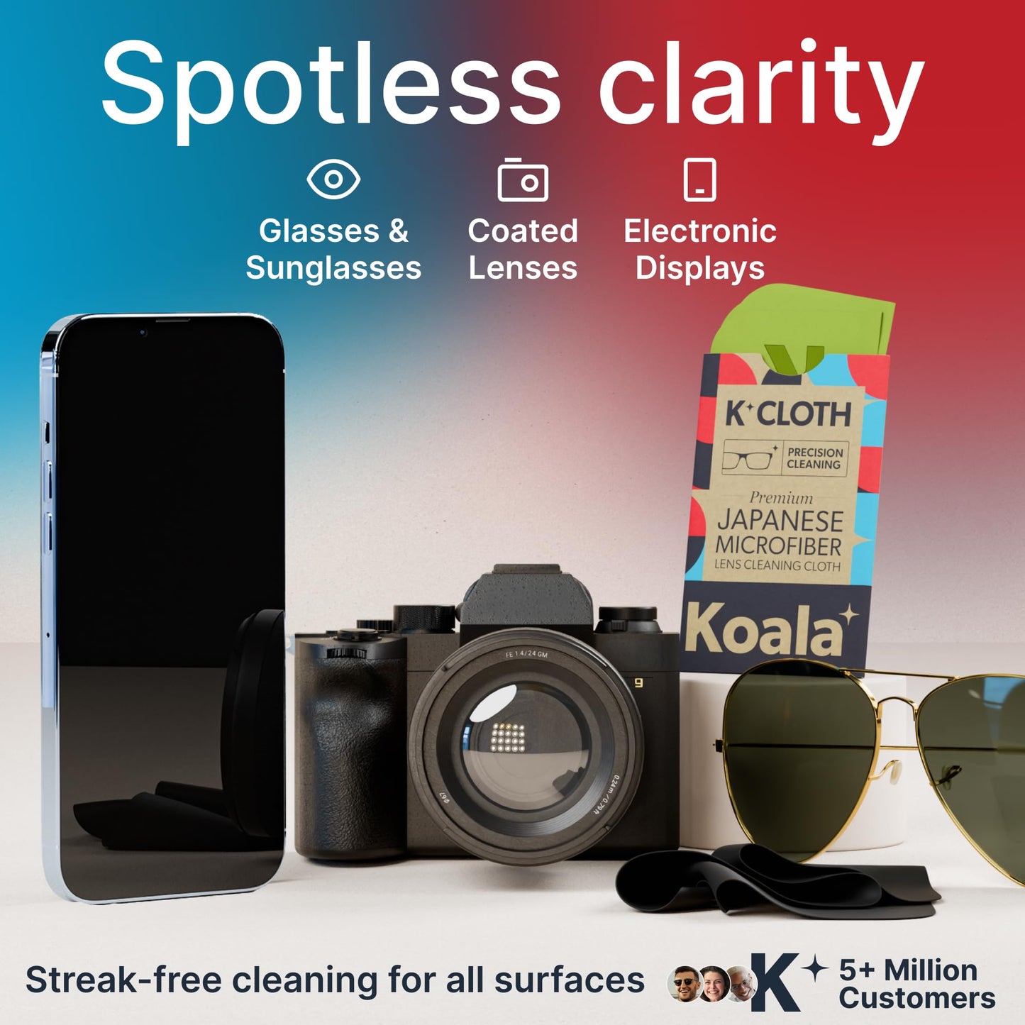 Koala Lens Cleaning Cloth | Japanese Microfiber | Glasses Cleaning Cloths | Eyeglass Lens Cleaner | Eyeglasses, Camera, VR/AR Headset, and Screen