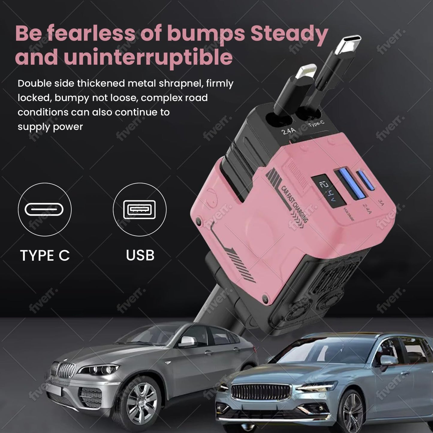 ChargeDaddy 4-in-1 Retractable Car Charger, 120W Fast Charging, USB & Type-C Ports, Pink