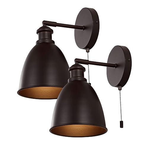 JONATHAN Y 6.5" Oil Rubbed Bronze 1-Light Farmhouse LED Wall Sconce Set of 2 for Bedroom, Hardwired Industrial Wall Light with Pull Chain Switch