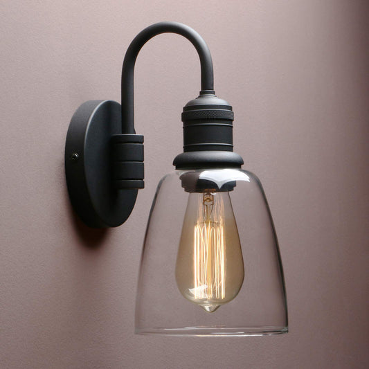 Yosoan 1-Light Vintage Wall Sconce, Black Industrial Fixture Light with Elegant Gooseneck Curved Rod, Indoor Clear Glass Shade Wall Lamp Lighting
