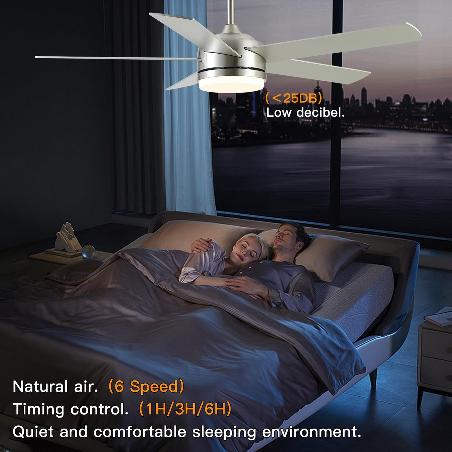 YUHAO 52 Inch Brushed Nickel Ceiling Fan with Light and Remote Control.Noiseless,Dimmable,3CCT,6 Speeds Reversible, DC Ceiling Fans for Indoor or