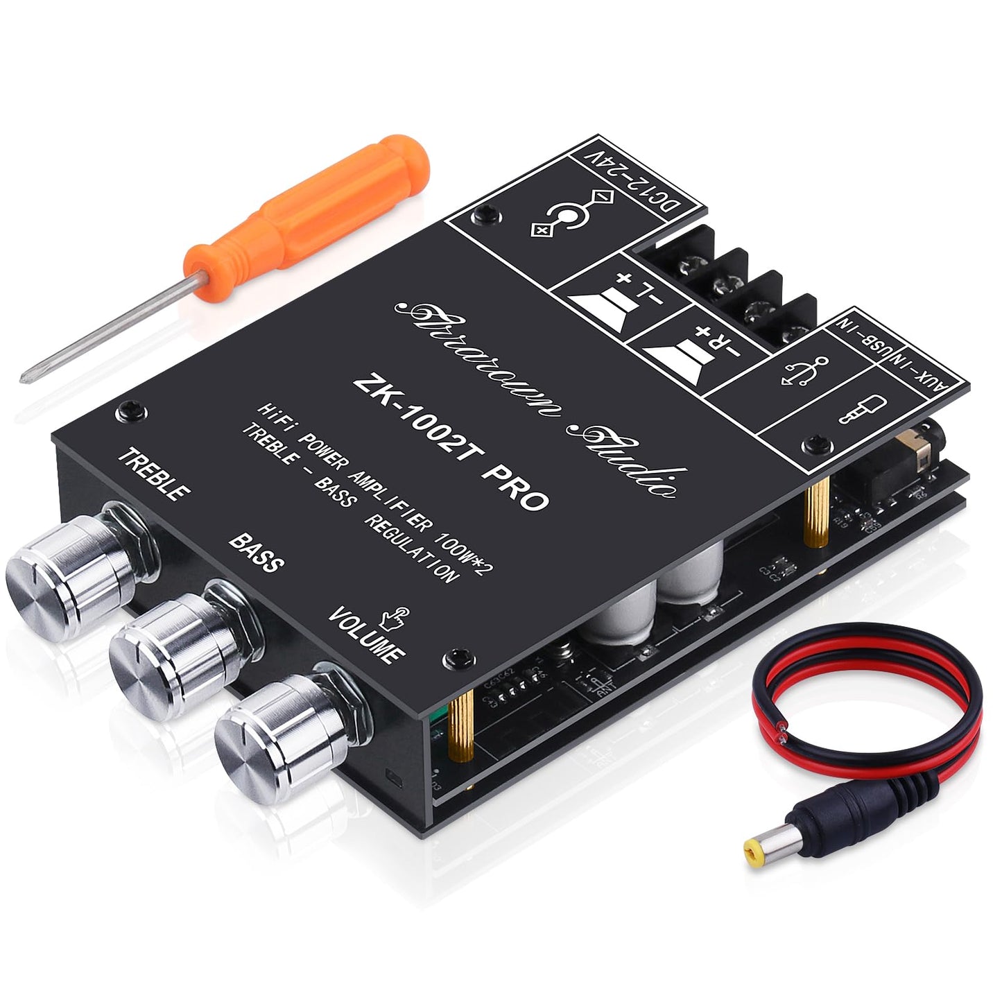 ARRAROWN ZK-1002T RPO 2.0 Channel Bluetooth 5.0 Amplifier Board 200W HiFi Subwoofer Audio AMP with Treble and Bass, BT USB and AUX Inputs, DC 12-24V
