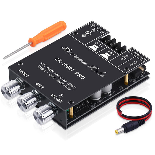ARRAROWN ZK-1002T RPO 2.0 Channel Bluetooth 5.0 Amplifier Board 200W HiFi Subwoofer Audio AMP with Treble and Bass, BT USB and AUX Inputs, DC 12-24V