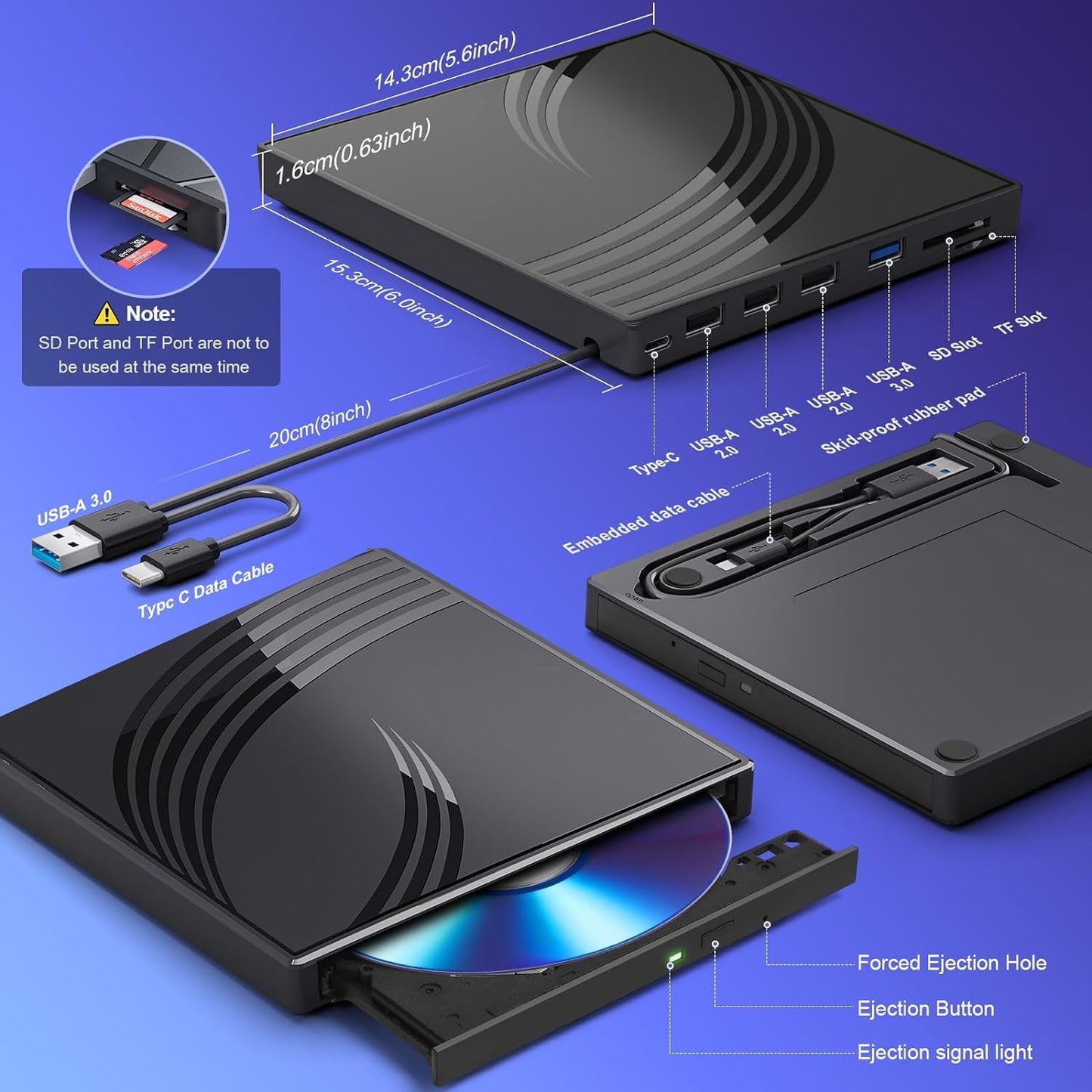 BPAKDU External CD/DVD Drive for Laptop with Carrying Case,DVD Player for Laptop,Portable CD Burner with 4 USB Ports, 2 TF/SD Card Slots,CD Disk Drive