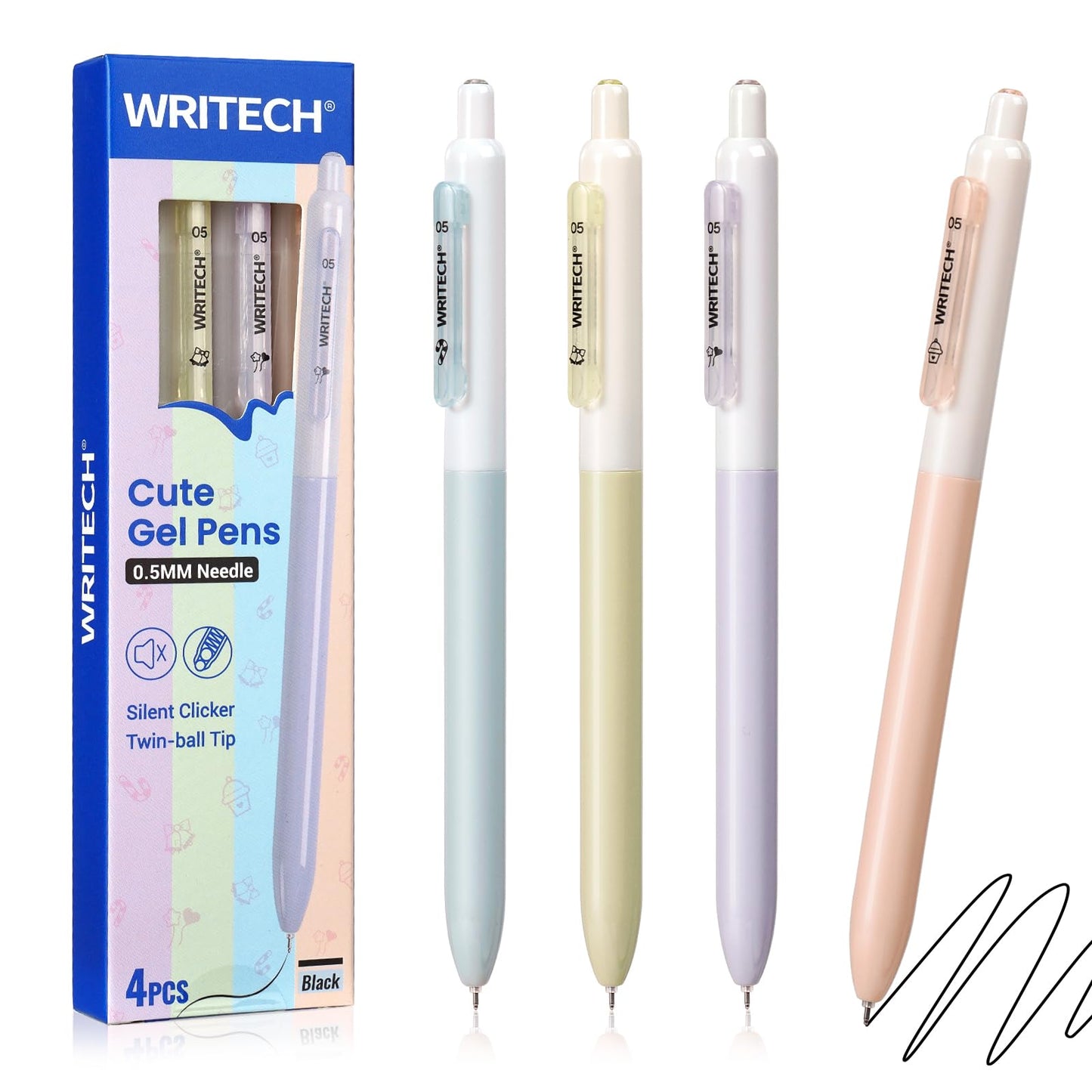 WRITECH Gel Pens Fine Point: 0.5mm Retractable Fine Point Smooth Writing Pen Set No Smear Black Ink Silent Click 4ct for Journaling