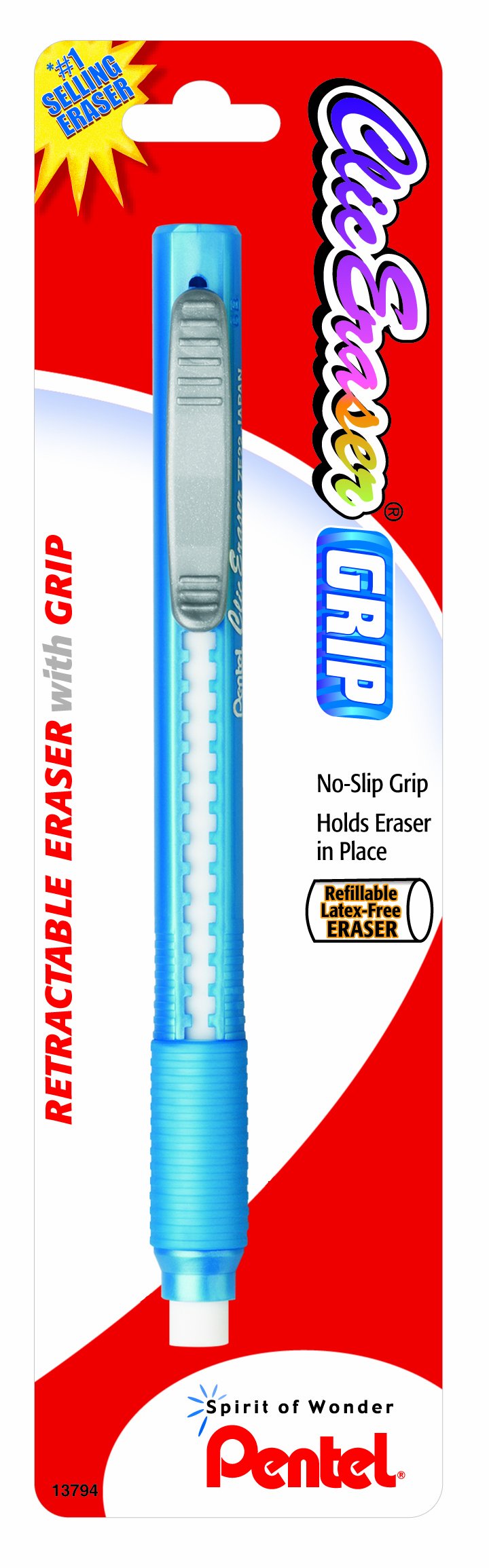 Pentel Clic Eraser Grip Retractable Eraser with Grip, Assorted Barrels, 1 Pack (ZE21TBP)