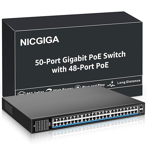 48 Port Gigabit PoE Switch Unmanaged with 48 Port IEEE802.3af/at PoE+@400W, 2 x 1G SFP, NICGIGA 50 Port Network Power Over Ethernet Switch