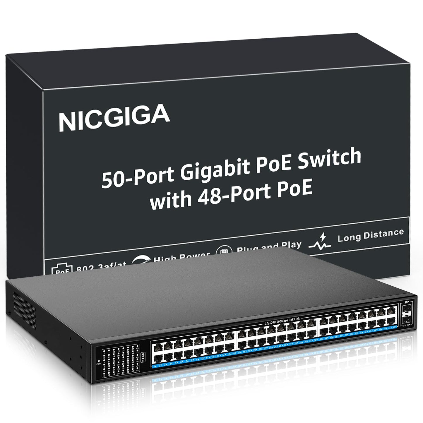 48 Port Gigabit PoE Switch Unmanaged with 48 Port IEEE802.3af/at PoE+@400W, 2 x 1G SFP, NICGIGA 50 Port Network Power Over Ethernet Switch