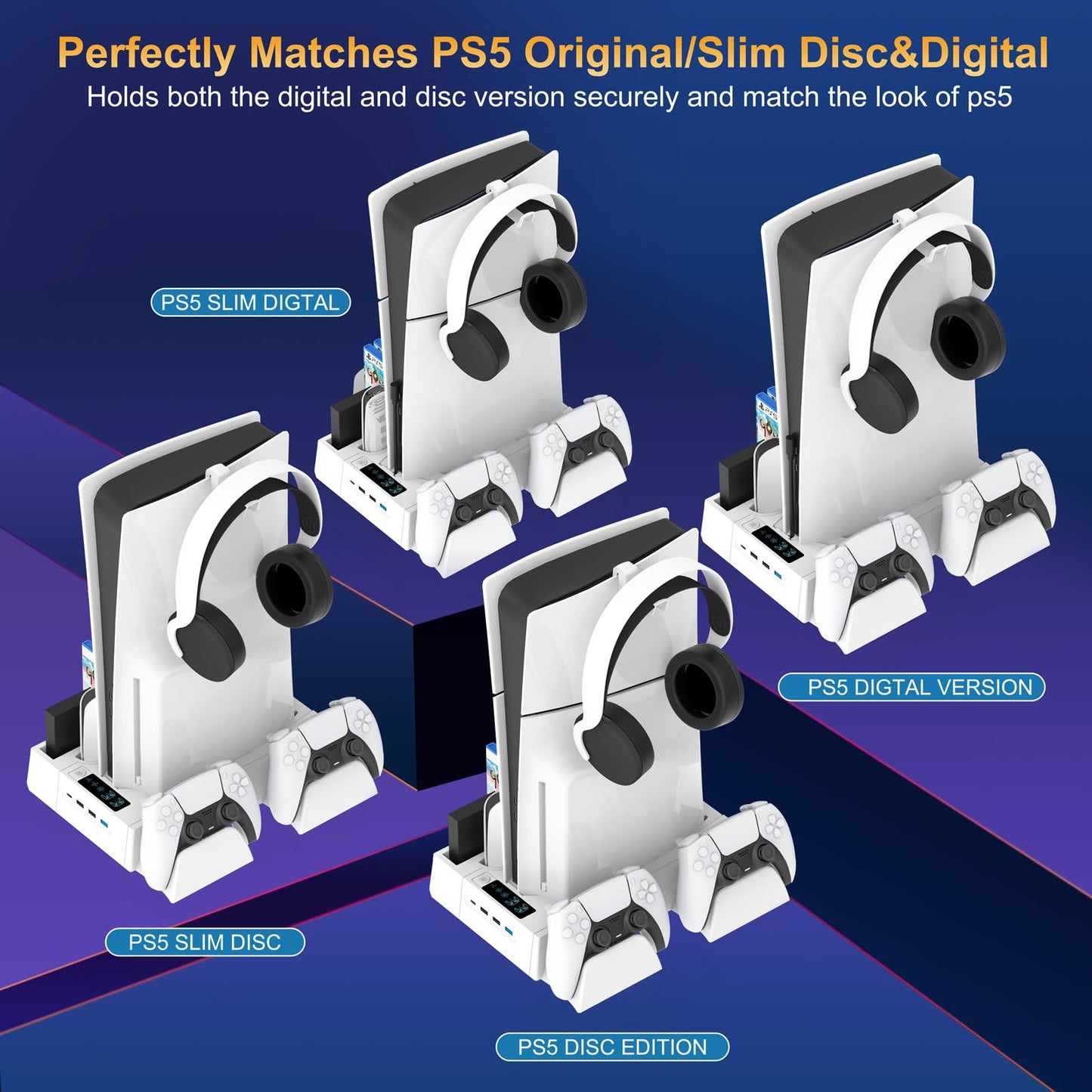 PS5/Slim Cooling Station for PS5 Disc&Digital, PS5 Cooling Stand with Dual Controller Charging for PlayStation 5 Console, Multi-Function PlayStation 5