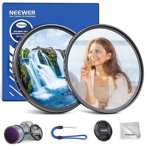 NEEWER 58mm Variable ND & Black Diffusion 1/4 Filter Set, 2 Pack Multicoated Optical Glass Neutral Density ND2-400 & Dreamy Soft Cinematic Effect