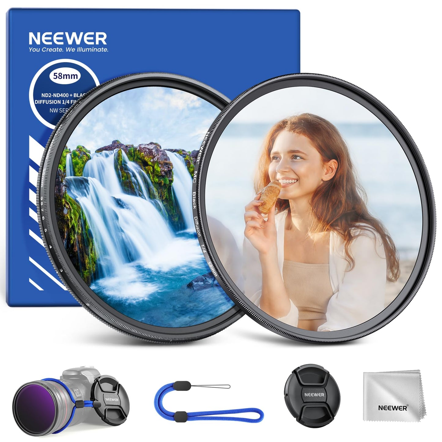 NEEWER 58mm Variable ND & Black Diffusion 1/4 Filter Set, 2 Pack Multicoated Optical Glass Neutral Density ND2-400 & Dreamy Soft Cinematic Effect