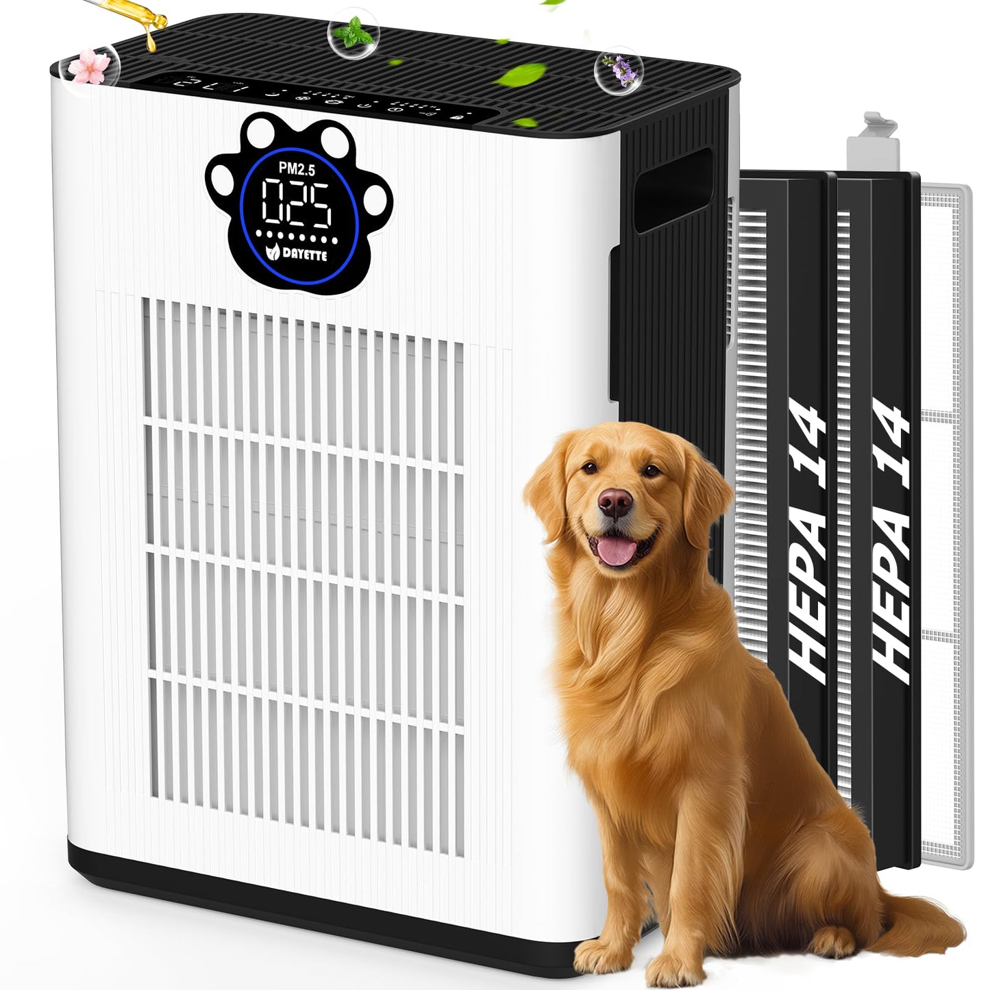 DAYETTEAir Purifiers for Home Large Room Up to 3400 Ft² with 2x H14 HEPA Filters, Double Air Inlet Air Cleaner with PM2.5 & TVOC Sensors, Pet Mode