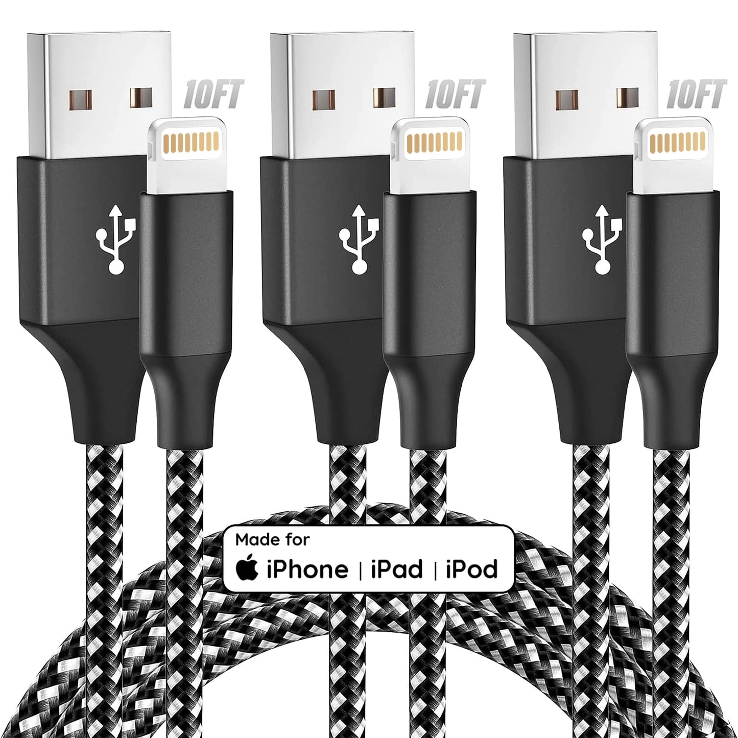 Bkayp iPhone Charger 3pack 10FT High Speed Data Sync USB Cable Long Cable Fast Charging