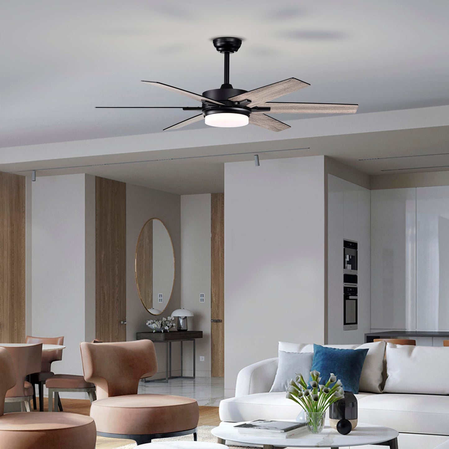 Edvivi 52 Inch LED Ceiling Fan with Lights and Remote Control, Low Profile Ceiling Fan with 6 Dual Finish Blades, 6-Speed Noiseless Reversible Motor