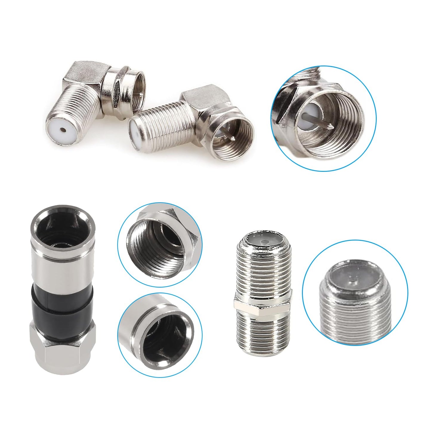 ALMOCN Coaxial Cable Connector 5PCS Right Angle Coaxial Connector + 5PCS RG6 Coax Cable Extender + Black RG6 Compression Connectors for Wall Mounted