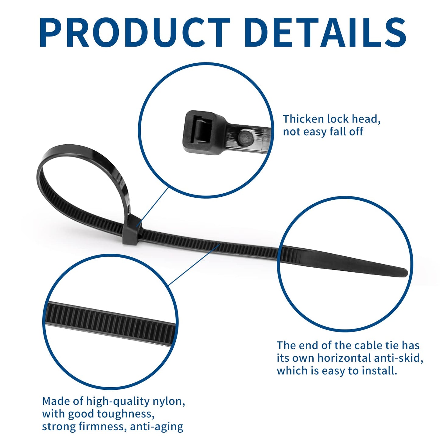 8 Inch Heavy Duty Black Zip Ties 75 lbs, 1000 Pack Cable Ties UV Resistant Industrial Self Locking 8" Zipties Bulk Nylon Wire Tie Wraps Workshop