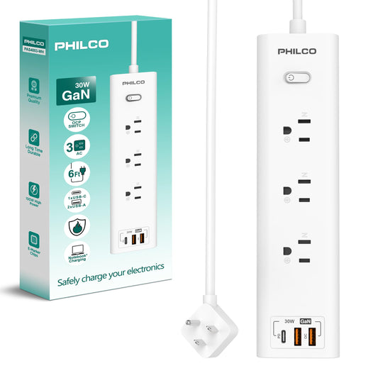 Power Strip with 3 AC Outlets, 30W USB-C Port, 2 USB-A Ports & 6ft Extension Cord - LED Indicator, Fast Charging for Laptops, Phones & More - Compact