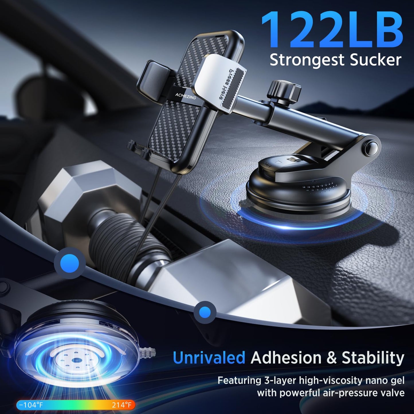 3-in-1 Car Phone Holder [122+LBS Strongest Suction & Stable Clamp Arm] 360° Adjustable Car Phone Mount, Cell Phone Holders for Your Car for Dashboard