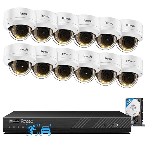 PANOOB 16 Channel Security Camera System, 12x 8MP IK10 Vandal Proof Dome Camera Outdoor, Human Vehicle Detection, Color Night Vision, 2 Way Audio 24-7