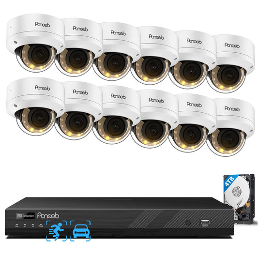 PANOOB 16 Channel Security Camera System, 12x 8MP IK10 Vandal Proof Dome Camera Outdoor, Human Vehicle Detection, Color Night Vision, 2 Way Audio 24-7