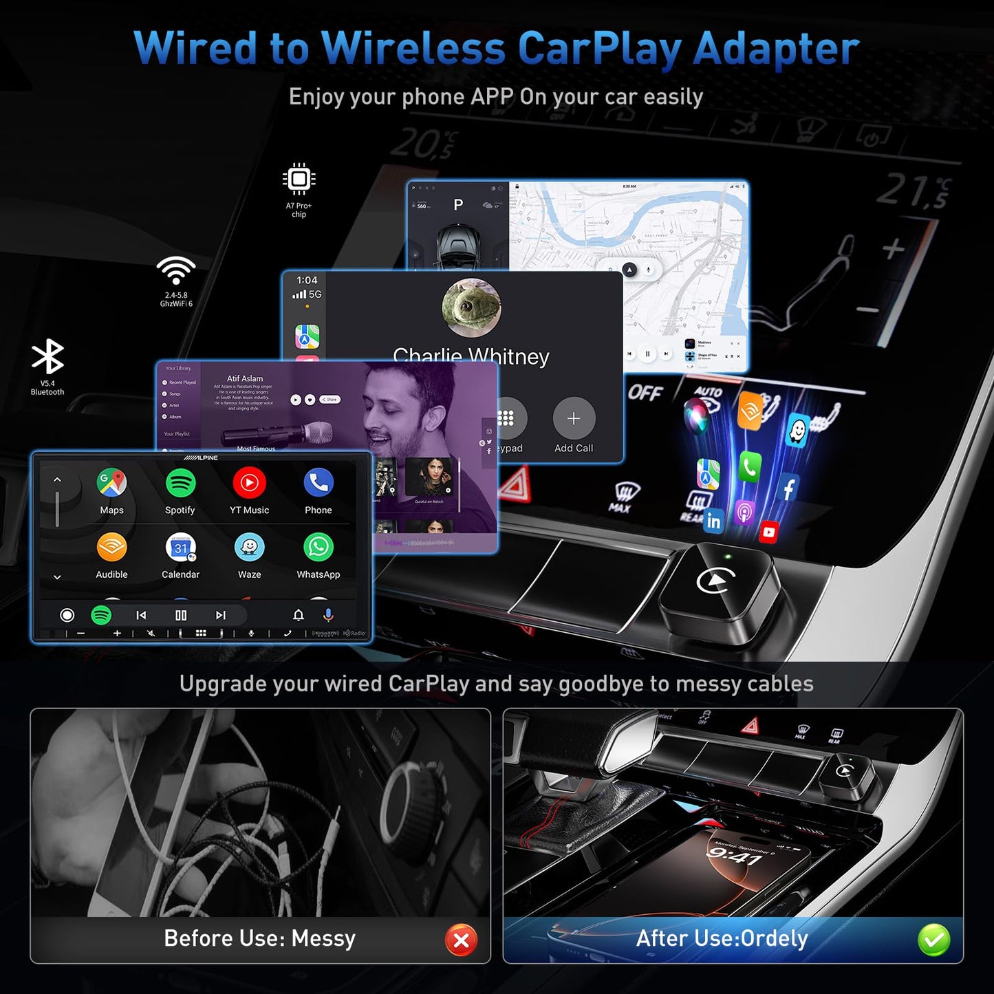 iGENJUN Wireless CarPlay Adapter 2026 Upgrade Mini Design, USB/USB-C Plug & Play Converts CarPlay to Wireless - Easy Use Fast Stable Connection Car