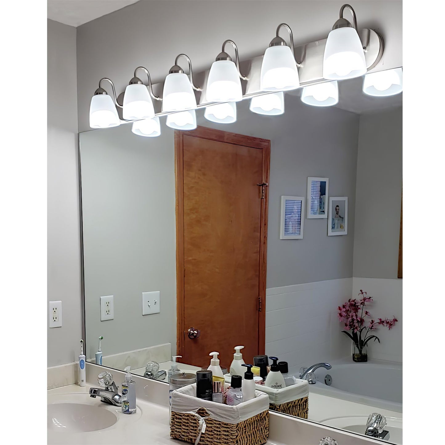 Kira Home Armada 49" 6-Light Modern Vanity Light with Frosted Glass Shades, Large Silver Bathroom Light with Opal Glass Cone Shades, Brushed Nickel