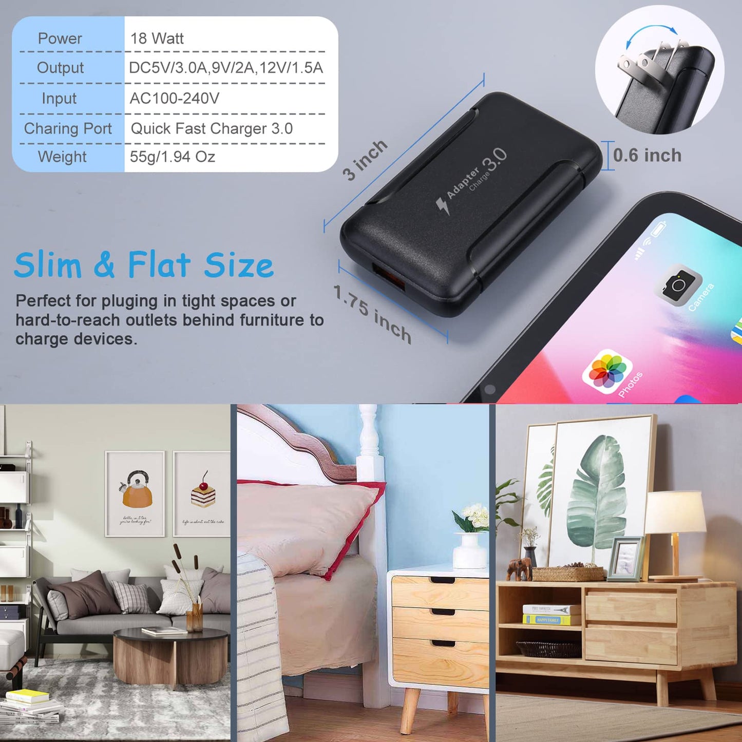 Flat USB Wall Charger Plug, Costyle 3 Pack 18W Quick Fast Charge 3.0 USB Charger Block Plug Adapter 3A Fast Charging Block for Samsung Galaxy S20 S21
